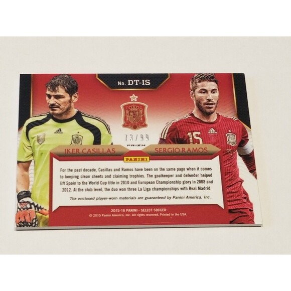2015 Panini Select Soccer Double Team Iker Casillas Sergio Ramos Jersey Blue /99 - Picture 3 of 3